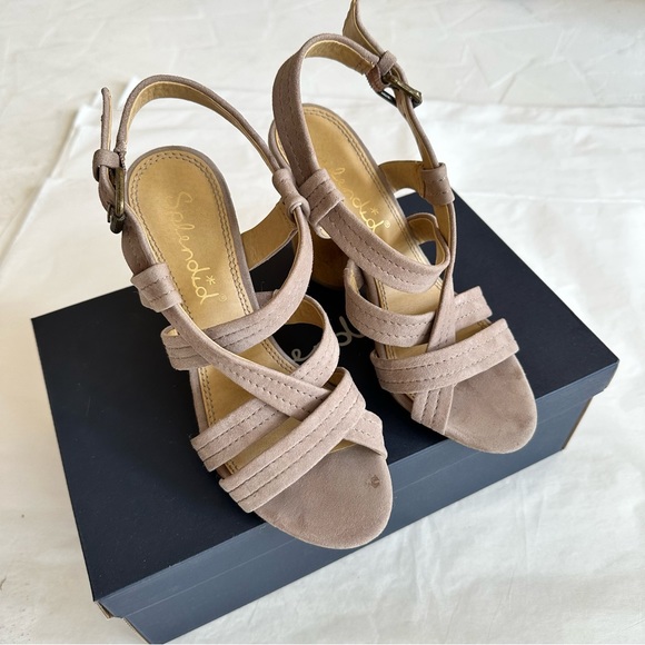 SPLENDID “Flash” Taupe Suede Strappy Wood Heel - Picture 7 of 15